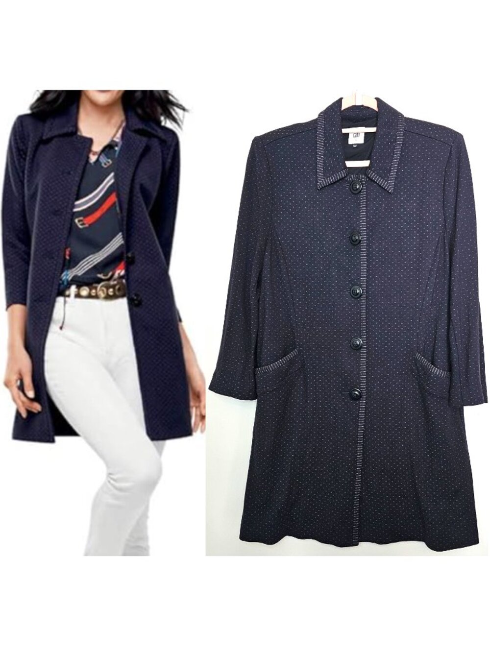 Cabi 5658 Carriage Jacket Overcoat Car Coat Topper L Navy Blue Dotted Knit